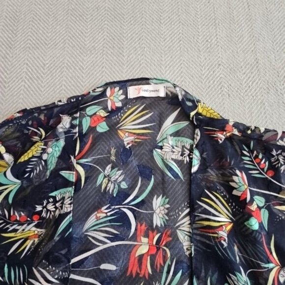 Soul Young Navy Blue Floral Fringed Shawl Cover Up Duster Bohemian Rocker EUC - Picture 2 of 11